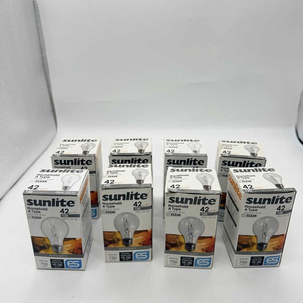 8 Sunlite 25136 42W Clear Halogen A19 Household Light Bulbs 120V Medium Base